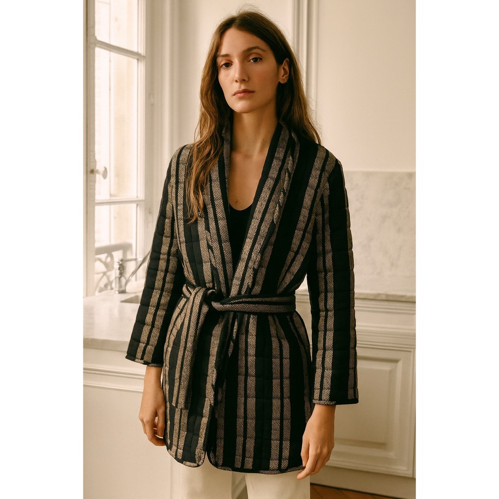 NWT MIRTH Bruges Jacket Small Black Golden Stripe Quilted Coat Handmade Belted